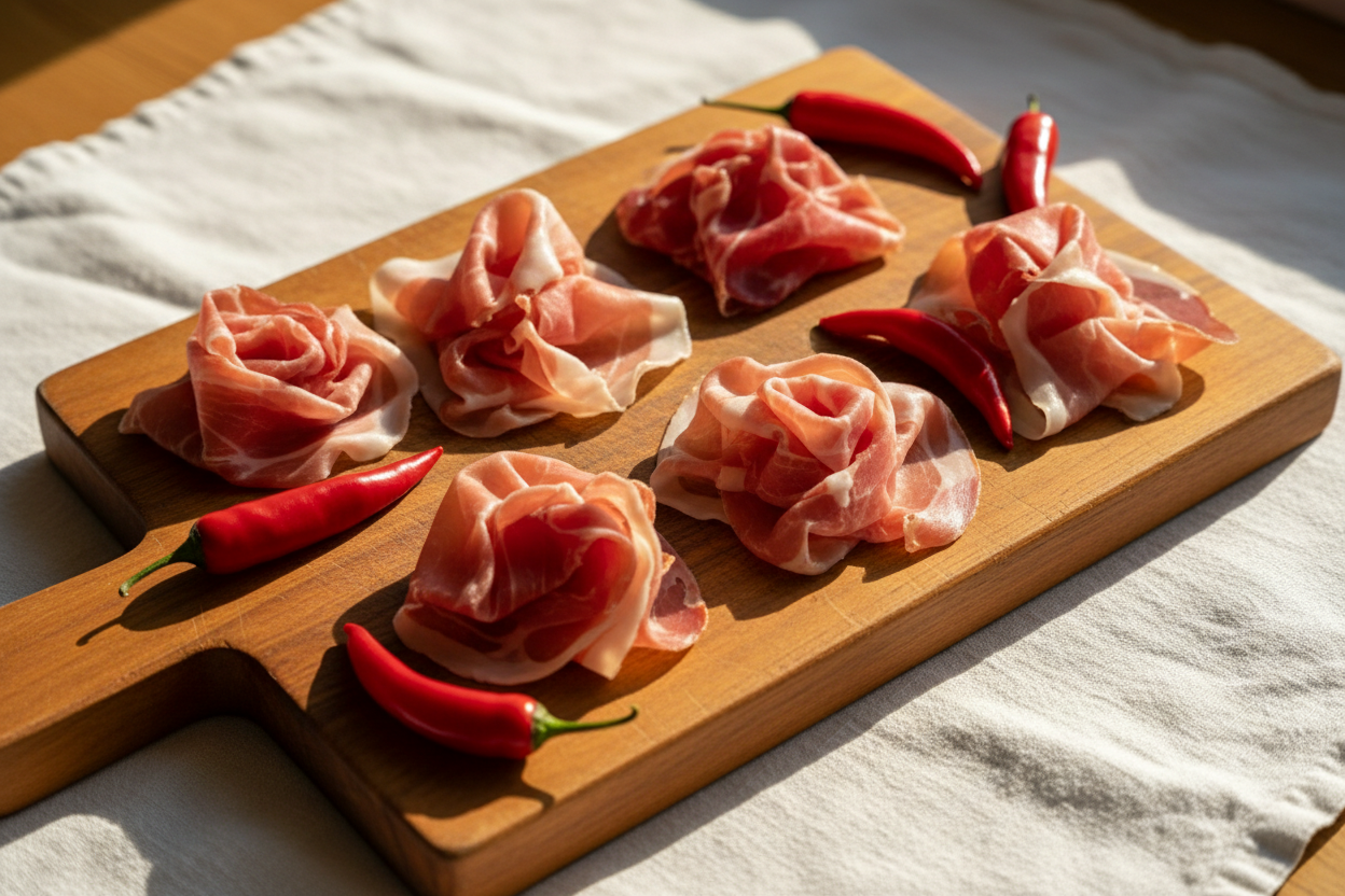 si fammi un tagliere con capicollo e prosciutto affettati su un tavolo con tovaglia in lino bianco e qualche peperoncino